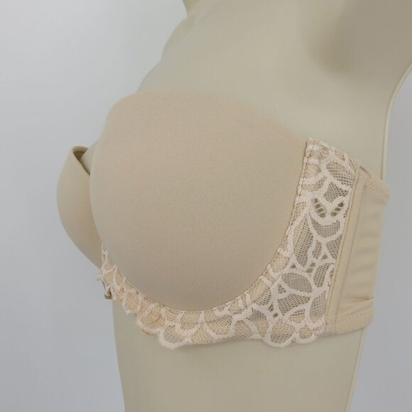 SO 36B Bra Solid Beige Strapless Bra Underwire Padded Lace Accent Bow Womens - Picture 4 of 13